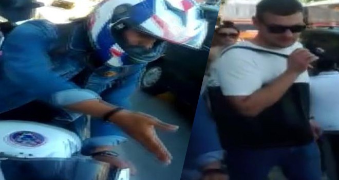 Kaldırımda giden motosikletli ile yaya arasında yol tartışması