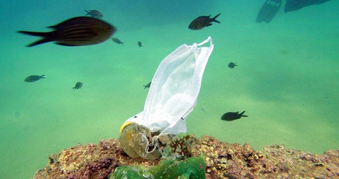 Koronavirüsle birlikte su altında maske ve eldiven atıkları arttı